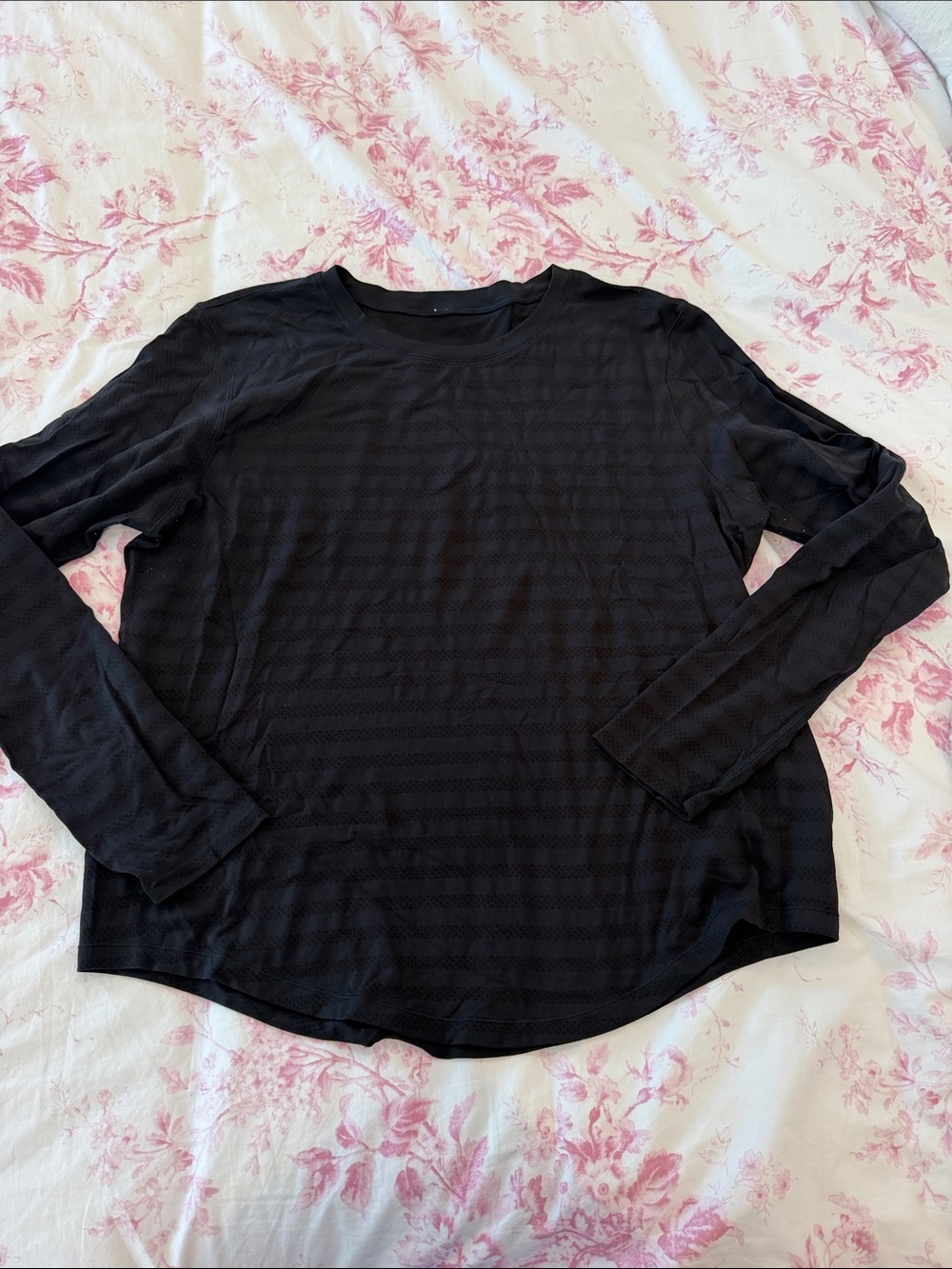 DSG Black Long-Sleeve Crewneck Tee with Subtle Stripe Texture